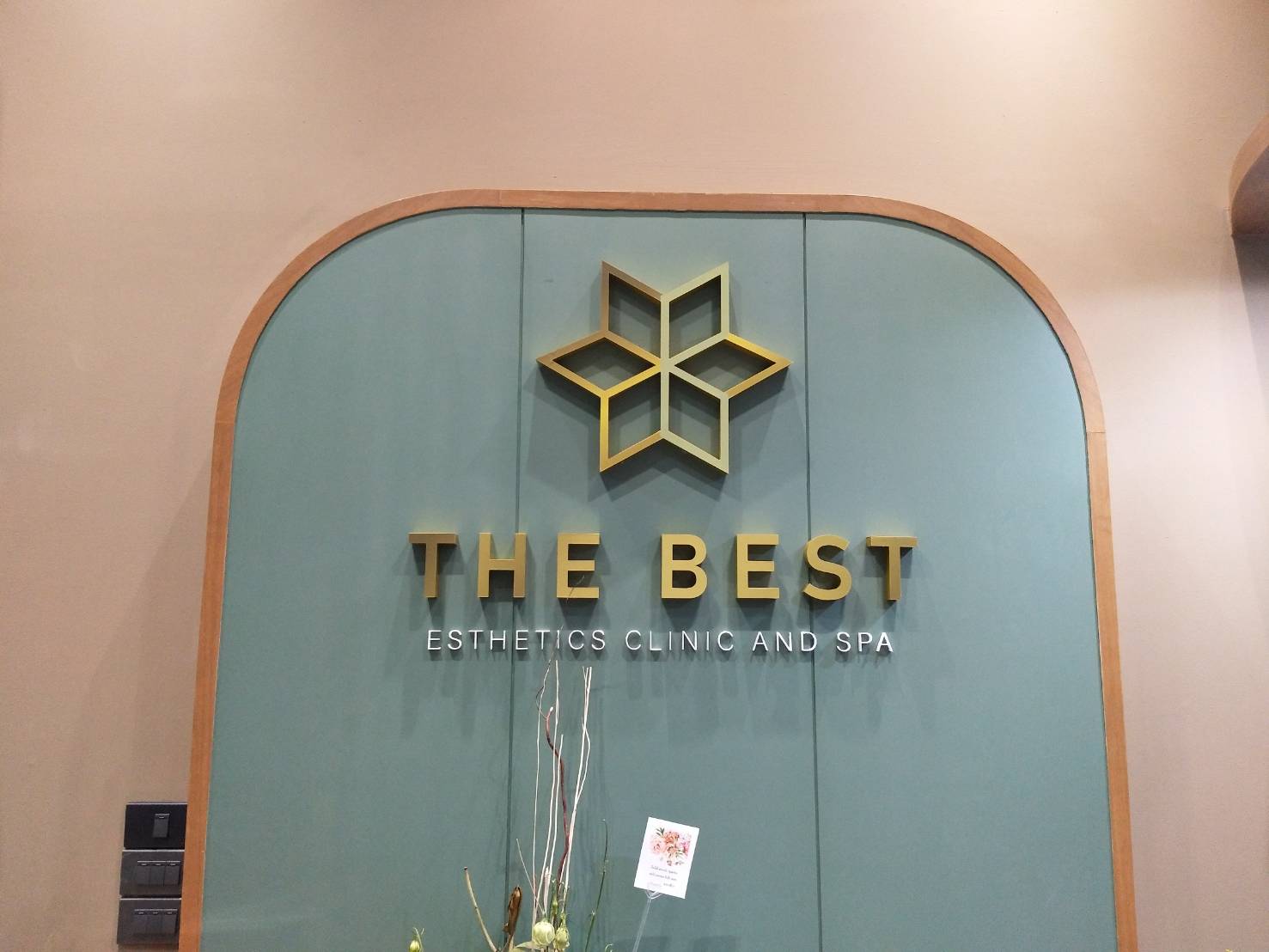 ป้ายตัวอักษรซิงค์ ยกขอบ ทำสีทองเหลือง - THE BEST ESTHETICS CLINIC AND SPA