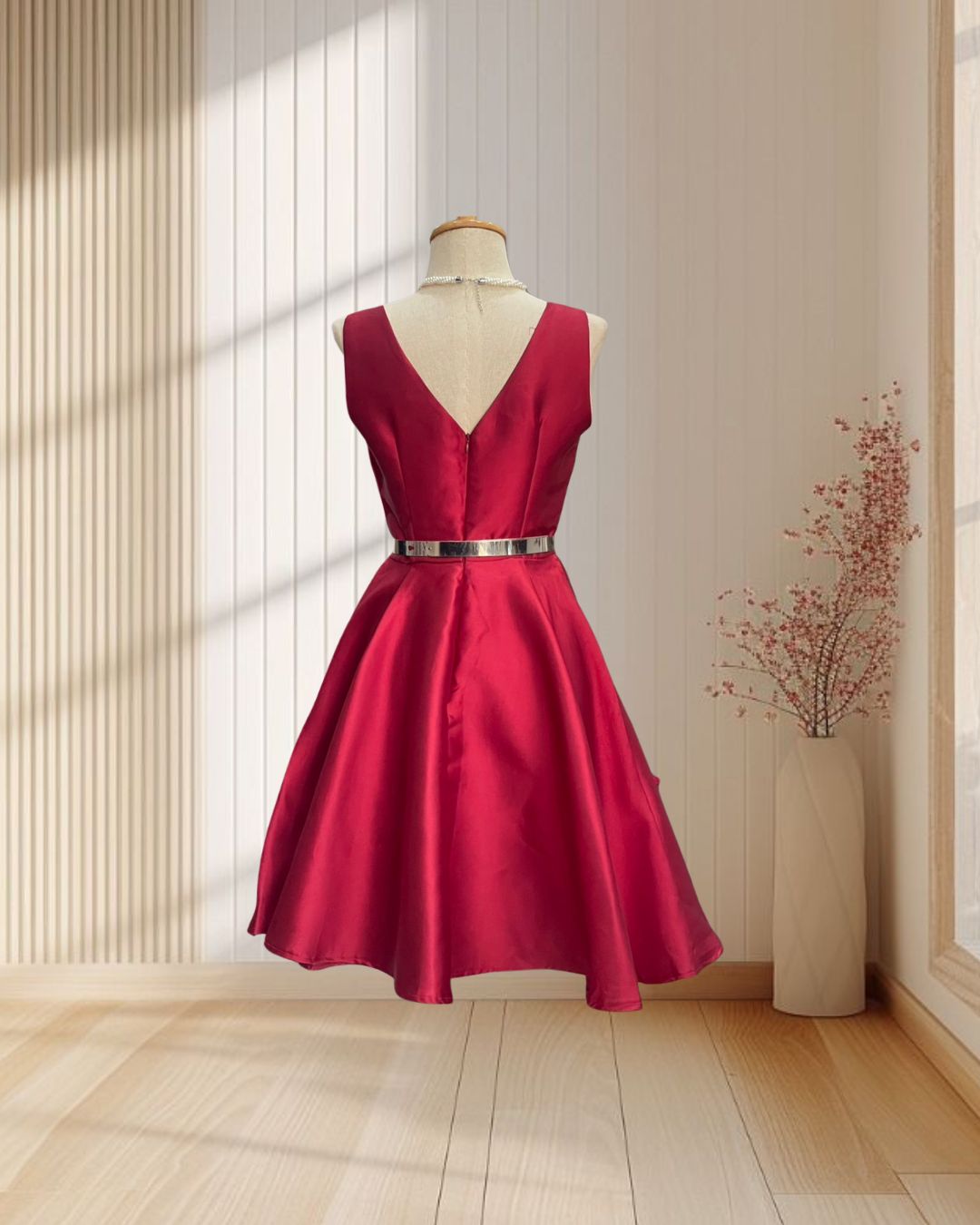 (PRE-LOVED) ราตรีสั้นสีแดง แขนกุด ผ้าไหมเทียม กระโปรงบาน ไซส์ S