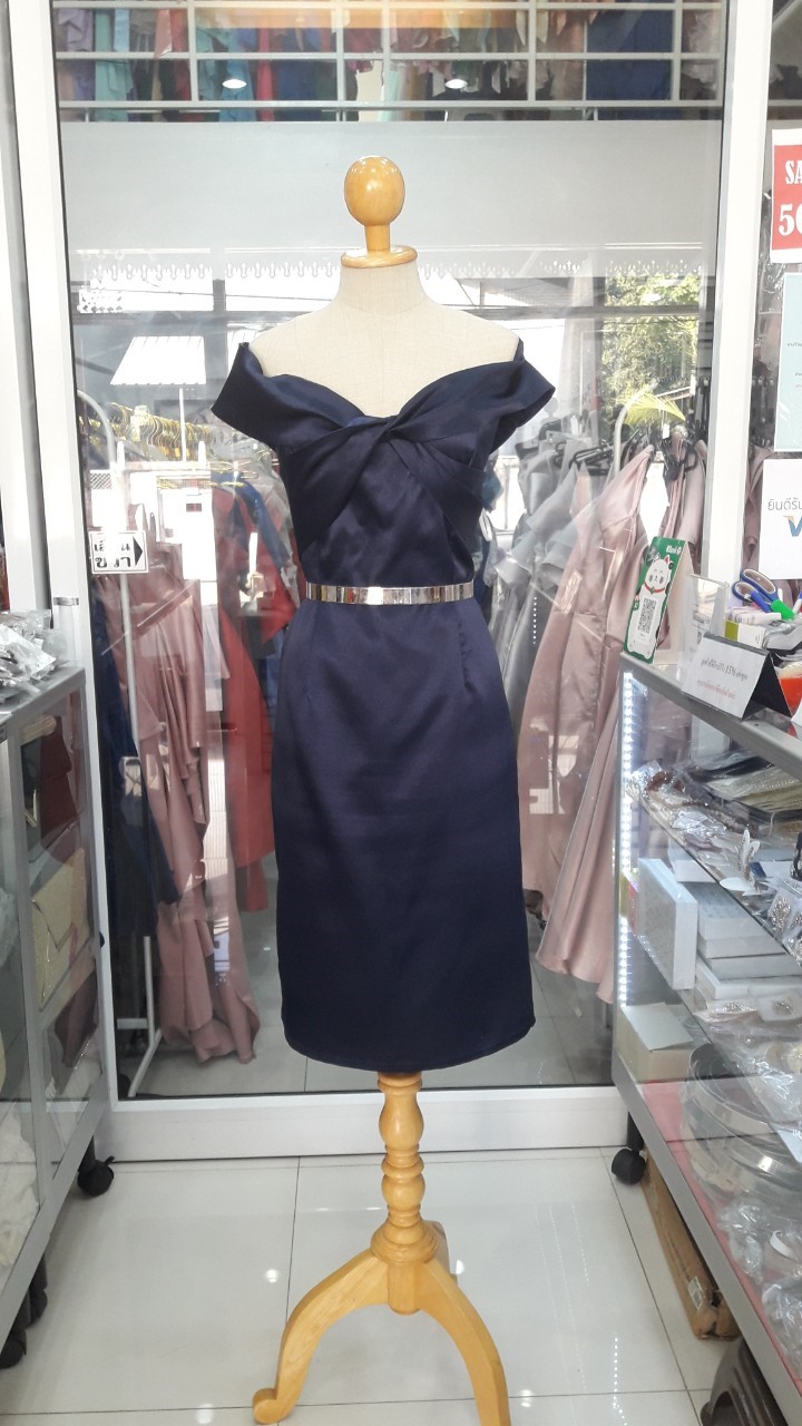 ชุดราตรีสั้นสีกรมปาดไหล่อกทวิตทรงสอบ (2XL)