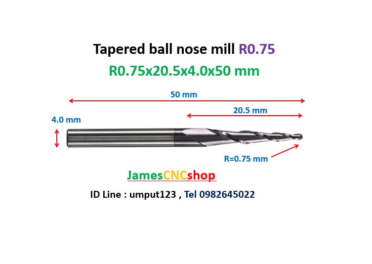 R0.75x20.5xD4x50 mm Tapered ball nose end mill TiAlN Carbide coat