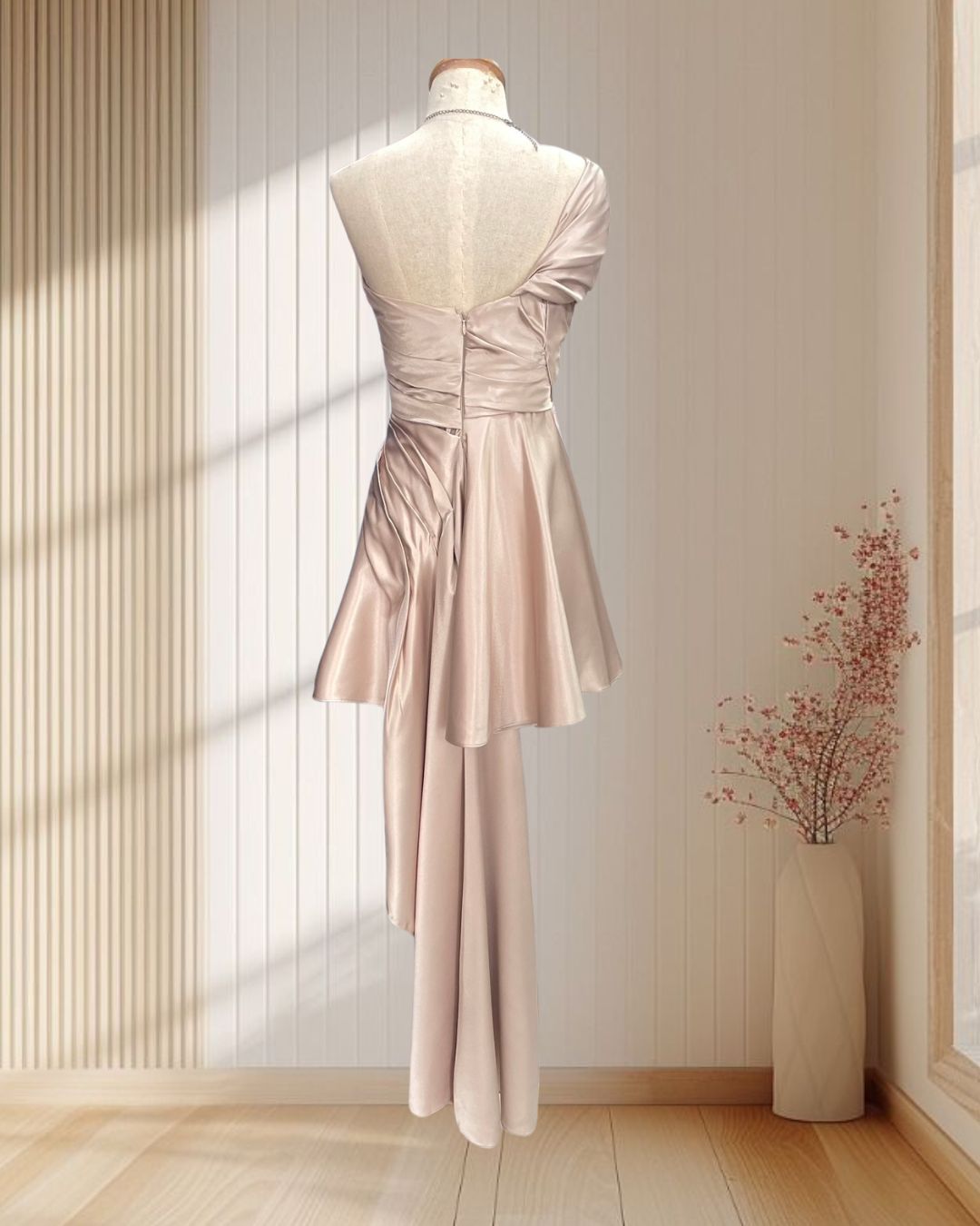 (PRE-LOVED) ราตรีสั้นสีทอง ผ้าเงา บ่าเฉียง แต่งระบายชายด้านหลังยาว มีลูกเล่น ไซส์ S