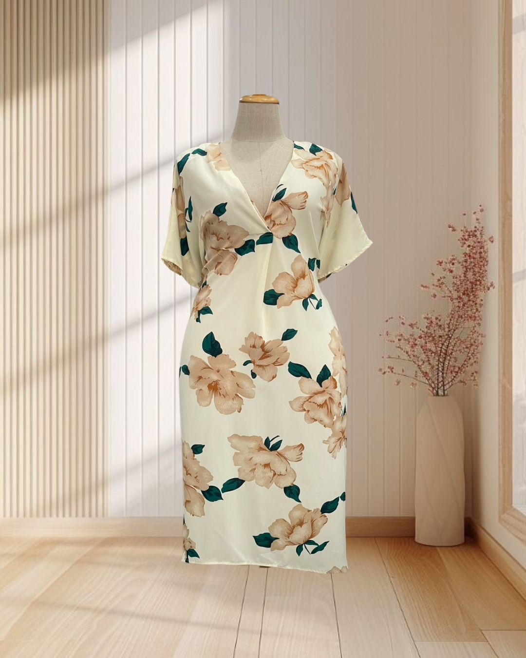 เดรสจัมโบ้ สีครีม ลายดอกชบา ไซส์ 6XL