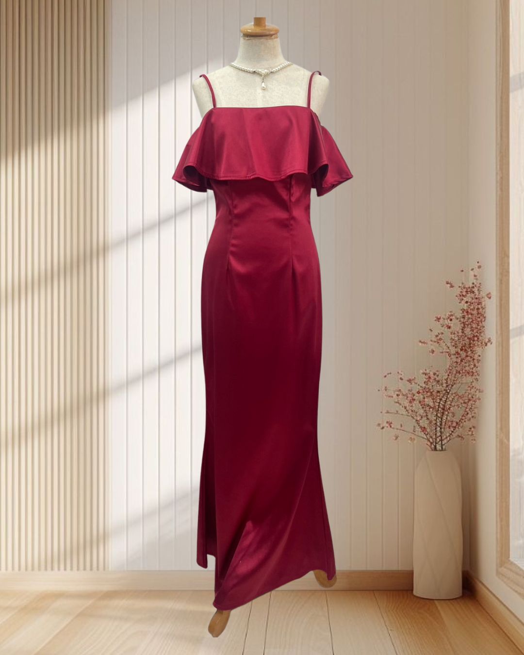 ชุดราตรียาวสีเเดงสายเดี่ยวระบายอก(Size : L)