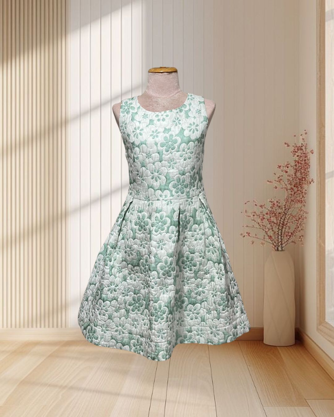 (PRE-LOVED) เดรสสั้นสีเขียว แขนกุด ปักบุลายดอกไม้ ไซส์ M