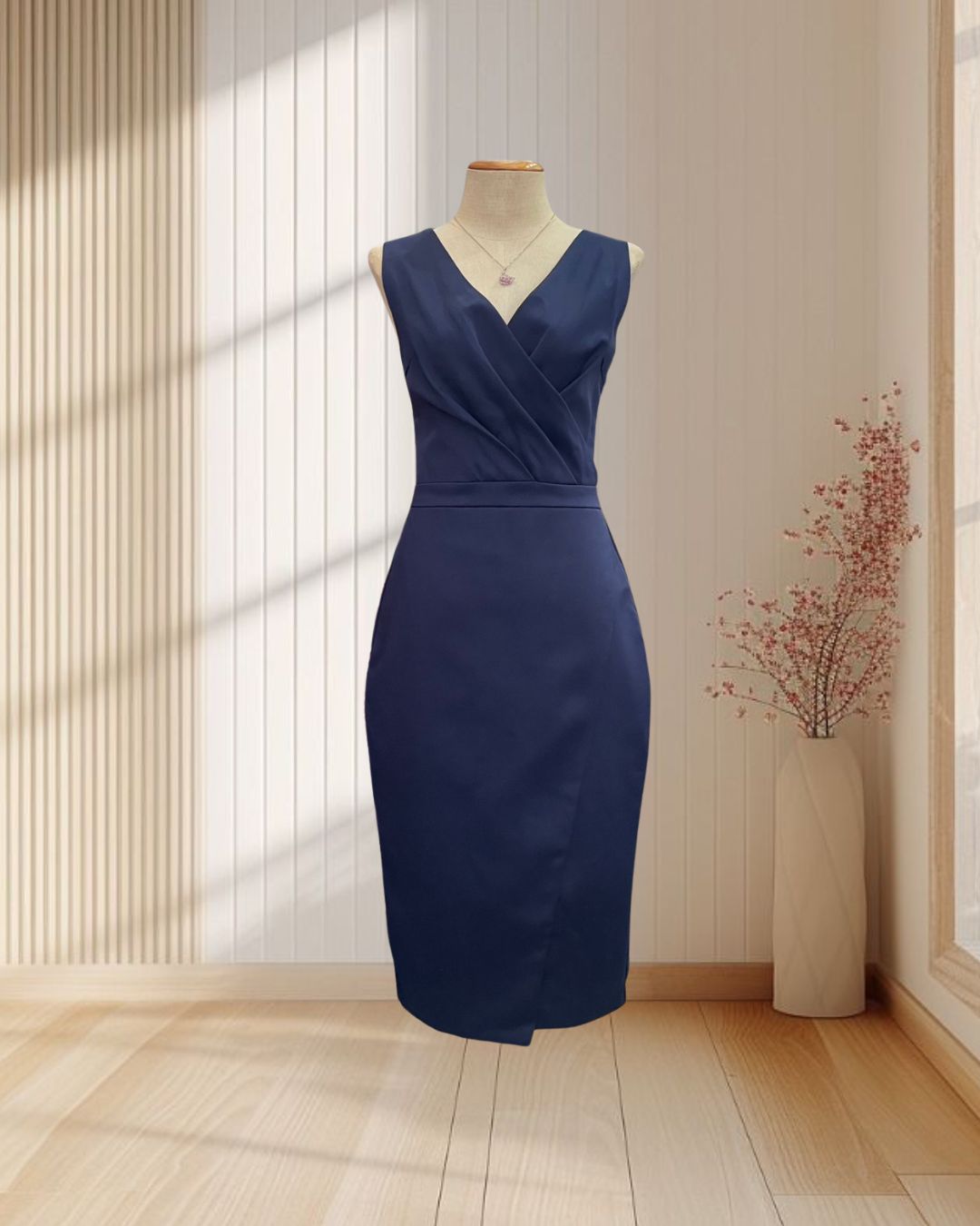 (PRE-LOVED) ราตรีสั้นสีกรม แขนกุด คอวีเว้าหลัง ผ่าหน้า ไซส์ M