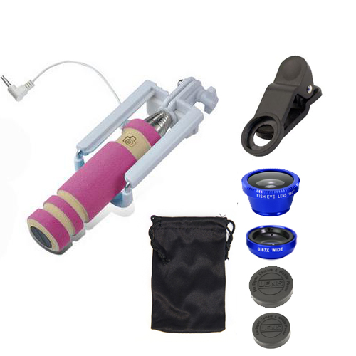 ไม้เซลฟี่ monopod สีชมพูสดใส พร้อมเลนส์และของแถม