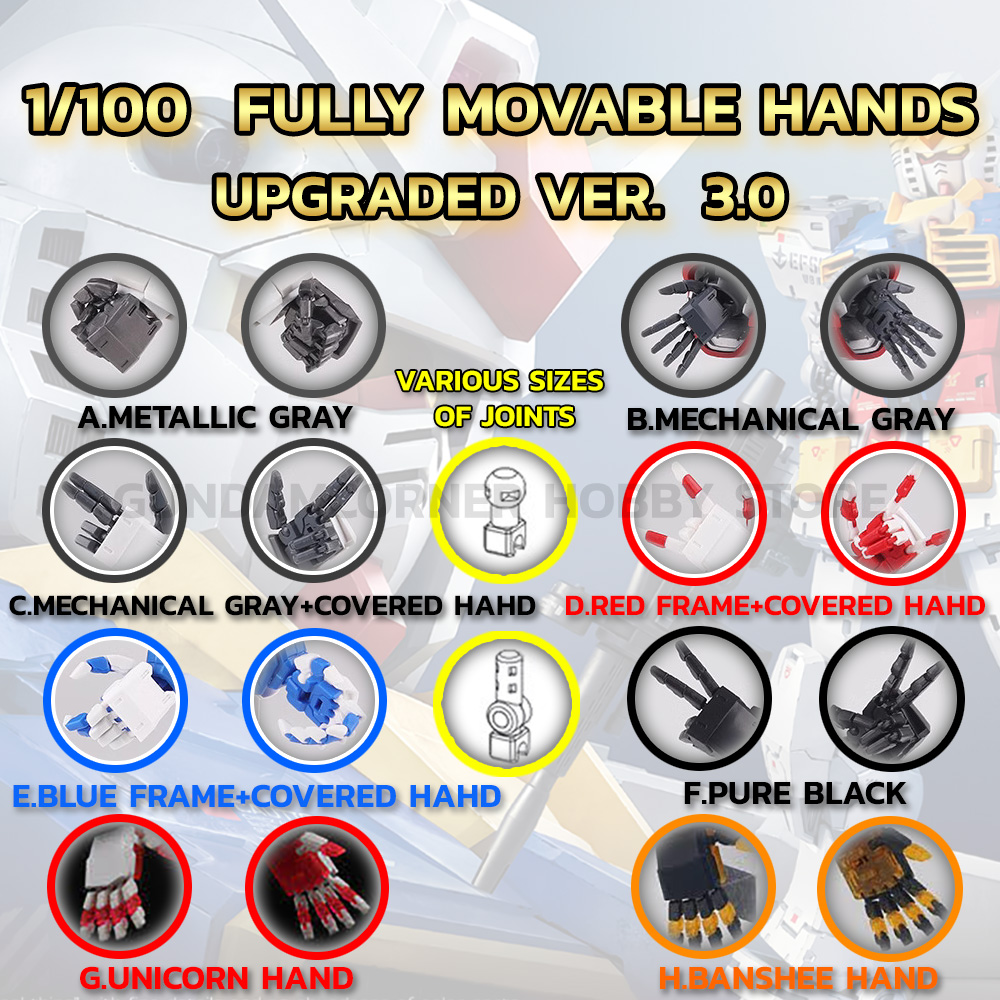 ชุดแต่งมือกันดั้ม MG 1/100 FULLY MOVABLE HANDS UPGRADE VER. 3.0‼ ขยับได้ทุกข้อนิ้ว 1 ชุด ได้ทั้งมือขวาและซ้าย [สินค้าไม่รวมแขน] พร้อมข้อต่อ [Joints] หลายขนาด