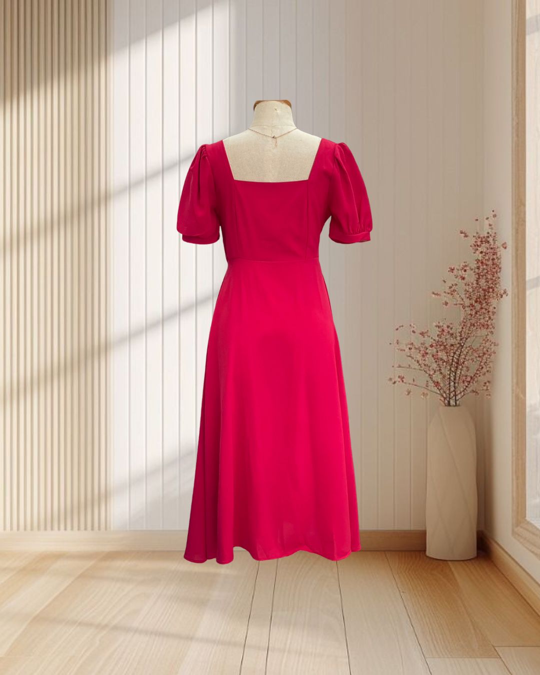 (PRE-LOVED) เดรสสั้นสีแดงสด แขนตุ๊กตา ผ้าทิ้งตัว ไซส์ M