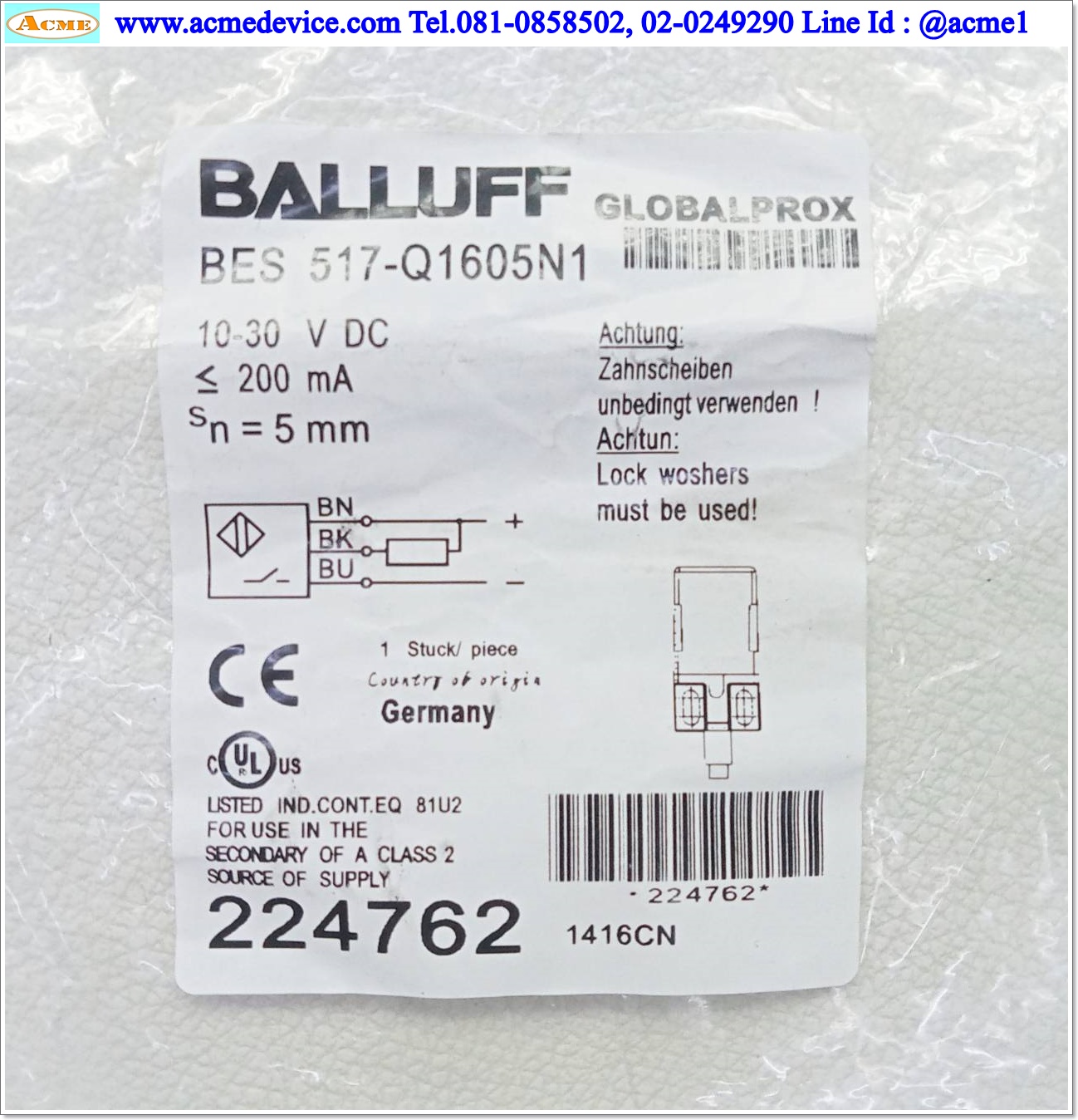 Proximity Balluff รุ่น BES 517-Q1605N1, ระยะ 5 mm, NPN, NO, Inductive