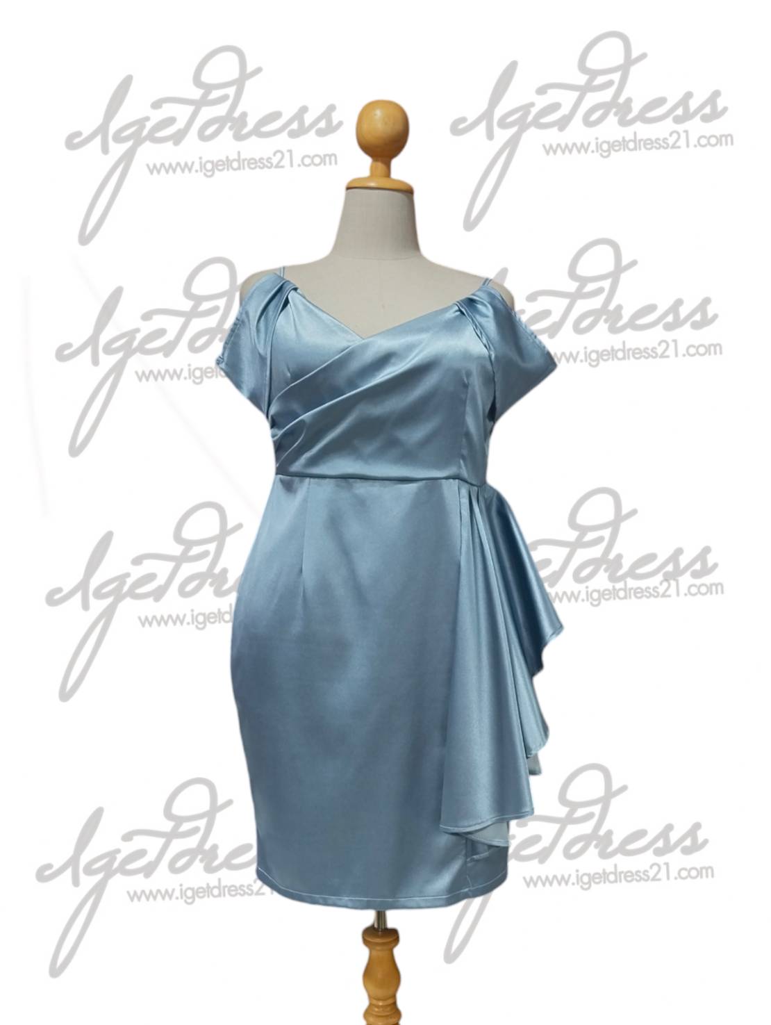 ราตรีสั้นสีฟ้าคิมเบอรี่จีบเอว (3XL) มือ2