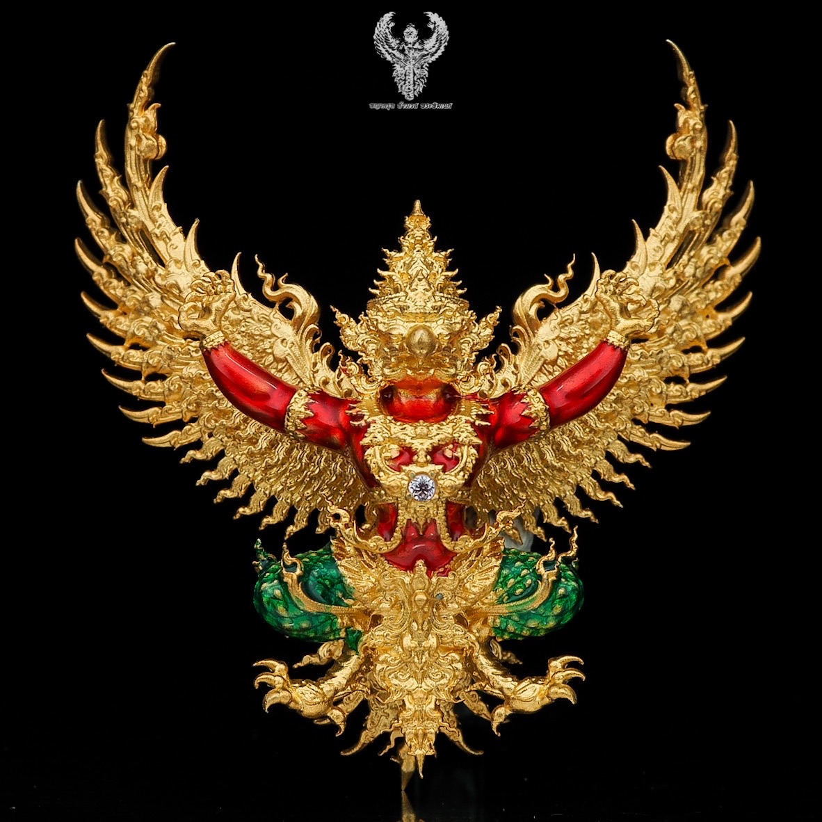 #พญาครุฑสุบรรณราช วัดหายโศก อุดรธานี เนื้อชนวนชุบทอง ลงยาแดง ปีกทอง หมายเลข 38