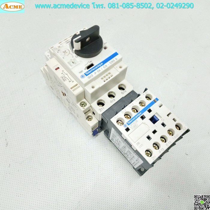 Motor Circuit Breaker Telemecanique รุ่น GV2-P04, Current Rating 0.4-0.63A, 690V, 6kV, 3Poles, + GVAD1001 พร้อม Magnetic Contactor Telemecanique รุ่น LP1K0610BD , Current Rating 6A, Coil 24Vdc