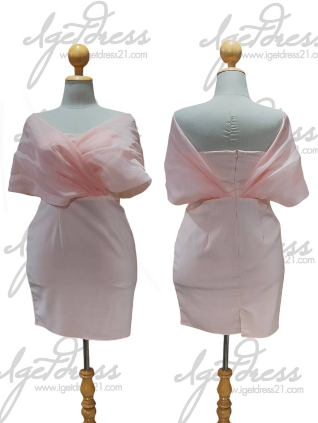 (PRE-LOVED) ราตรีสั้นสีโอรสผ้าฮานาโกะแต่งคลุมไหล่ด้วยผ้าออแกนดี้ 2XL