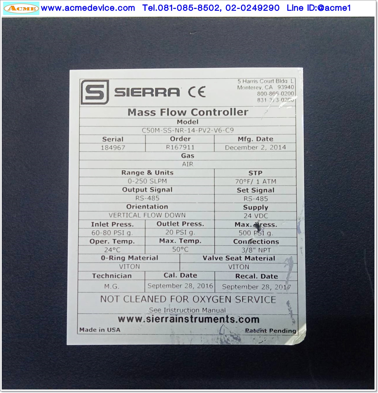 Flow Controller Smart Trak รุ่น C50M-SS-NR-14-PV2-V6-C9, Range 0-250 SLPM, 24 Vdc, RS-485 addressable (no analog output)