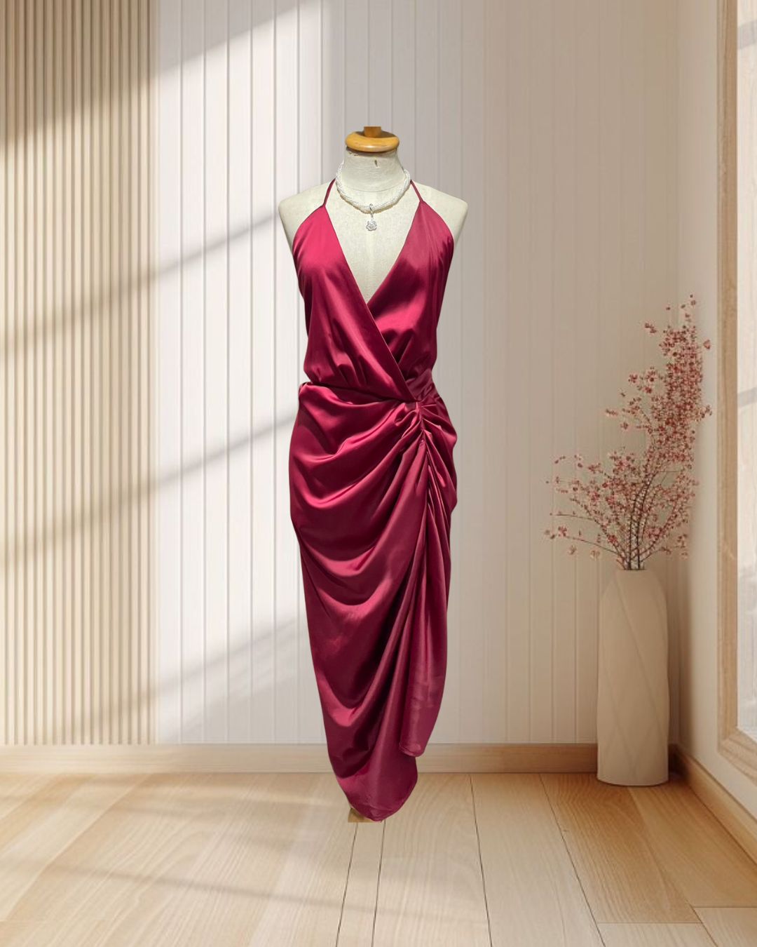 (PRE-LOVED) ราตรีสั้นสีแดง ขยุ้มเอว สายเดี่ยว คล้องคอ เว้าหลัง ไซส์ M