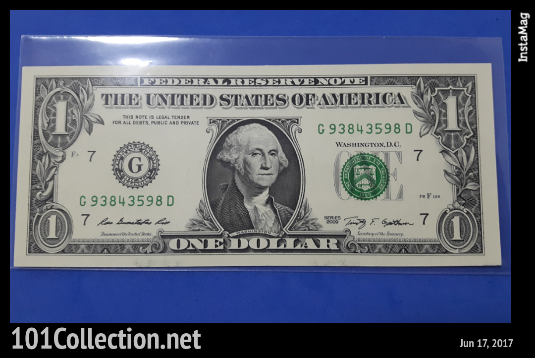 ธนบัตร ต่างประเทศ 1US Dollar ปี2009 (UNC) (เลข G93843598D)