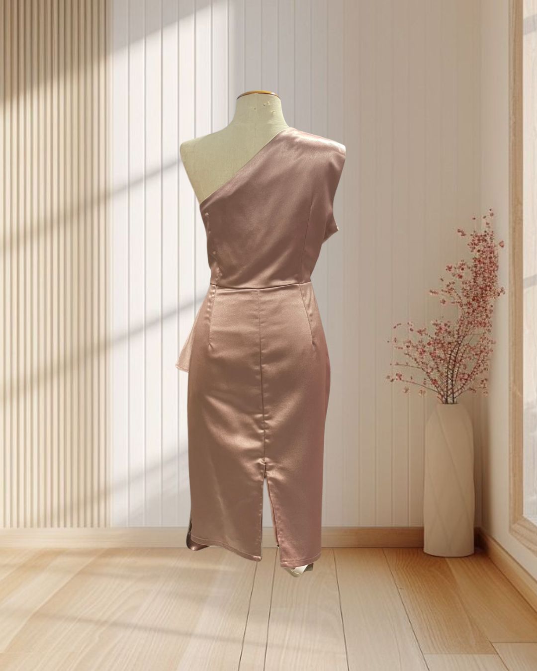 (PRE-LOVED) ราตรีสั้นสีกะปิ บ่าเบี่ยงเเต่งจีบข้าง ไซส์ XL