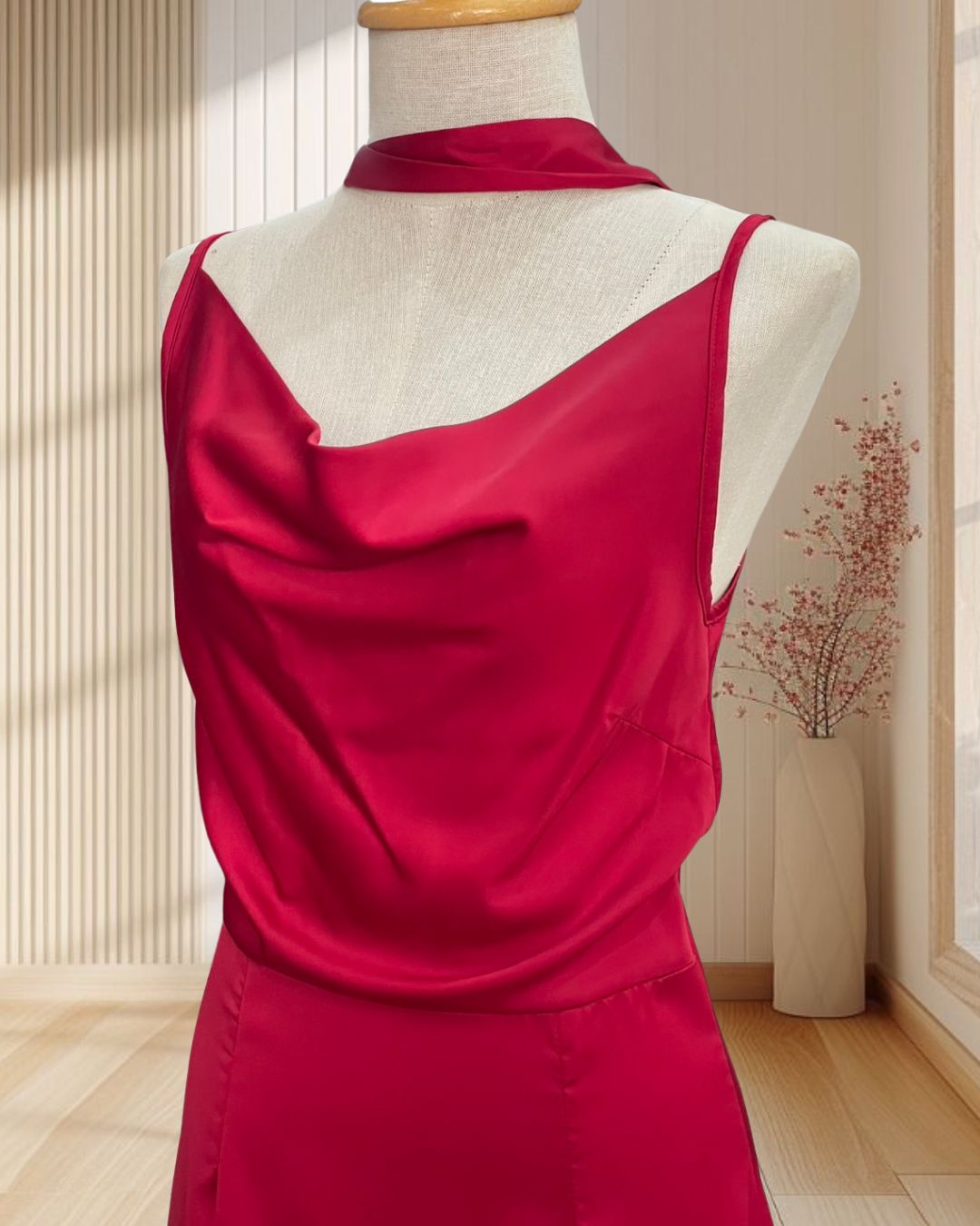 ราตรียาวสีแดง สายเดี่ยวคอถ่วง ผ้าทิ้งตัว พร้อมผ้าพันคอ ไซส์ S