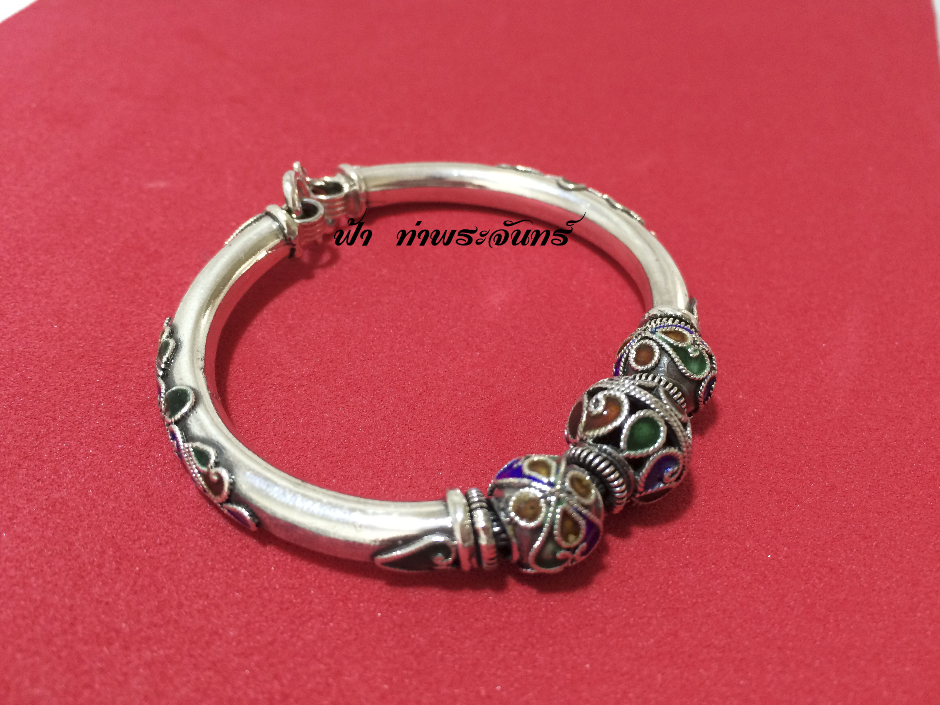 กำไลข้อมือเงินแท้ ลายลูกประคำใหญ่ ลงยา
