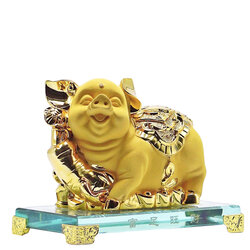 หมู ปีกุน ปีหมูทอง สัญลักษณ์ปีหมู รูปปั้นหมู เรซิ่นทรายทอง ฐานคริสตัล สูง 5 นิ้ว