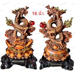 มังกรเล่นแก้ว สีไม้ บน ก้อนทอง และ ถังทอง สูง 12 นิ้ว 16 นิ้ว